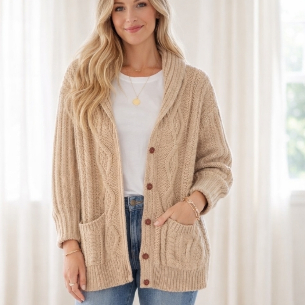Chunky Shawl Collar Cable Knit Cardigan